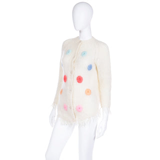 1970s Italian Mohair Blend Vintage Cream Cardigan Sweater w Colorful Dots & Fringe