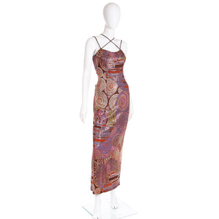 1990s Mosaic Multi Colored Strappy Vintage Evening Dress by Janine of London
