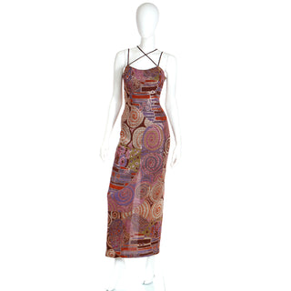 1990s Mosaic Multi Colored Strappy Vintage Evening Dress Janine London