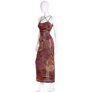 1990s Mosaic Multi Colored Strappy Vintage Evening Dress Hand Painted