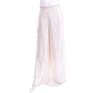 Natalie Cole 1970s White Beaded Evening Outfit W Pants Bustier Shrug & Headband