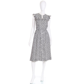 1970s Blue & White Floral Cotton Prairie Style Dress w Ruffles & Apron Skirt 2 pc
