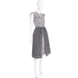 1970s Blue & White Floral Cotton Prairie Style Dress w Ruffles & Apron Skirt Ruffled 