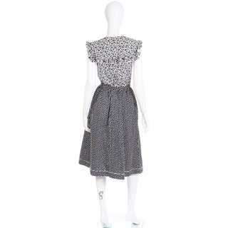 Ulla Johnson style Vintage 1970s Blue & White Floral Cotton Prairie Style Dress w Ruffles & Apron Skirt