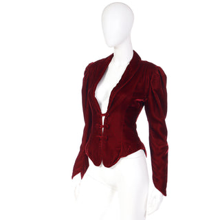 1980s Norma Kamali Victorian Style Red Velvet Jacket w/ Princess Seams