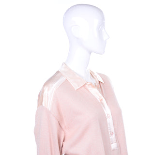 1980s Escada Margaretha Ley Silk Blend Sweater in Nude Pink w Satin Trim Button Front