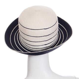 Vintage Patricia Underwood 1990s Blue and Ivory Straw Hat with brim