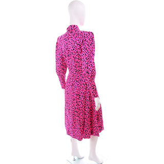 Pauline Trigere Pink Silk Dress w/ Red & Black Abstract Print & Sash