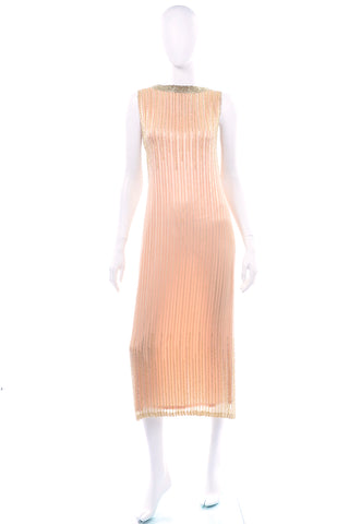 Vintage Claire Dratch boutique Beaded Peach silk dress with Gold lame