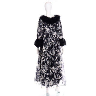 Vintage Black and White Peignoir and Negligee Set With Feathers Floral Print Nylon