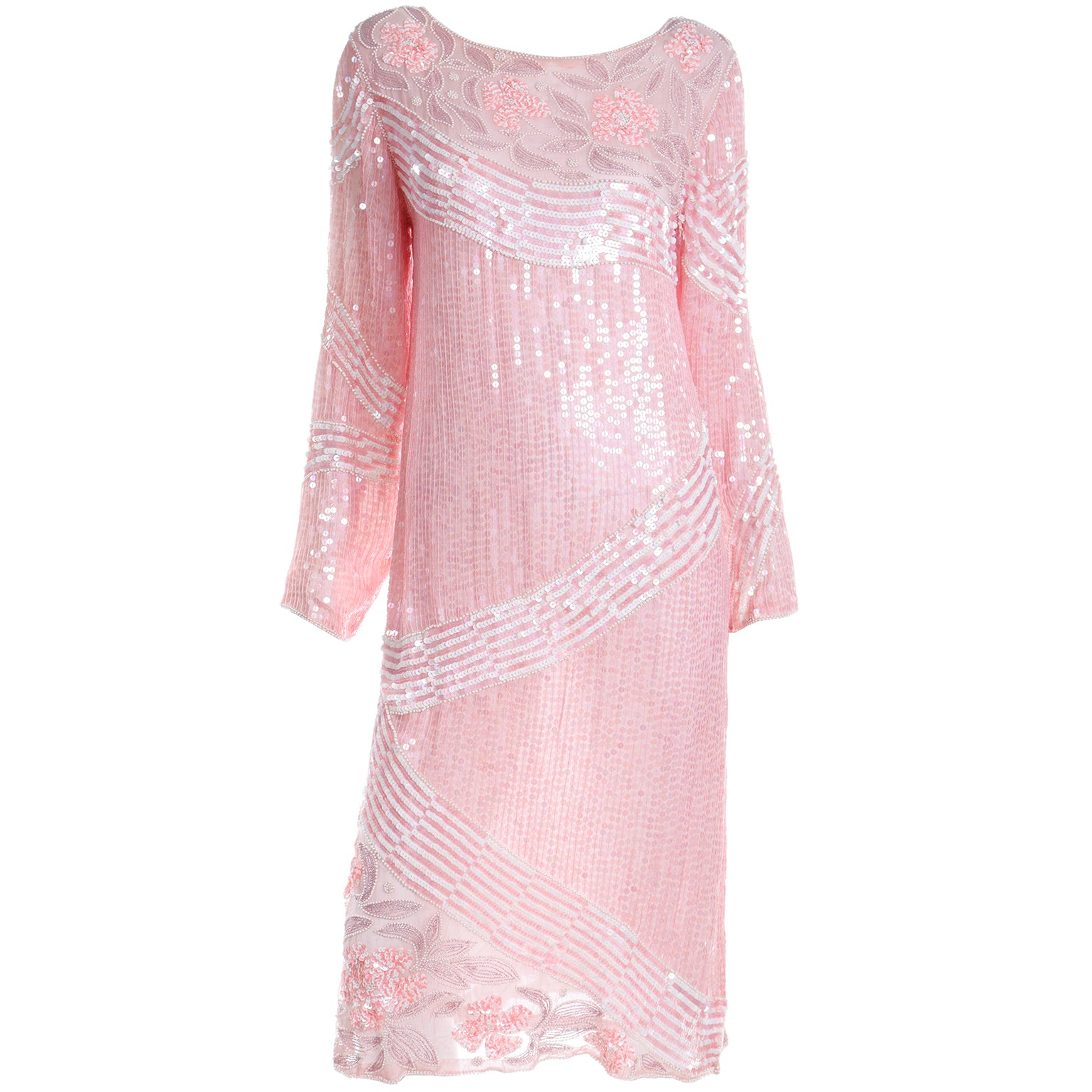Vintage Pink & White Beaded Sequin Silk Evening Dress – Modig