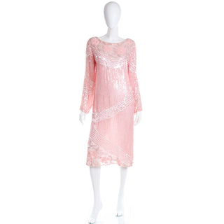 1990s Vintage Pink Beaded Sequin Evening Dress