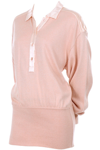 1980s Escada Margaretha Ley Silk Blend Sweater in Nude Pink w Satin Trim