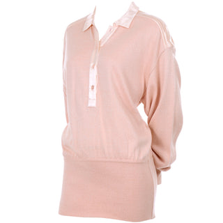 1980s Escada Margaretha Ley Silk Blend Sweater in Nude Pink w Satin Trim Sz M/L