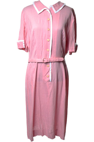 Pink and White 1940's Belted House or Day Dress XL - Dressing Vintage