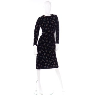 Vintage Mid Century Black Velvet Hand Printed Floral Midi Evening Dress
