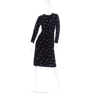Vintage Mid Century Black Velvet Hand Printed Floral Midi Dress 1950s