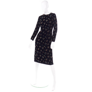 50s Vintage Mid Century Black Velvet Hand Printed Floral Midi Dress