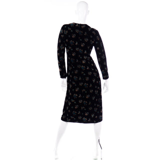 Unique Vintage Mid Century Black Velvet Hand Printed Floral Midi Dress