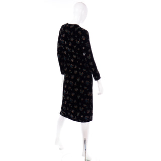 Vintage Mid Century Black Velvet Hand Printed Floral Midi Dress Evening Dress