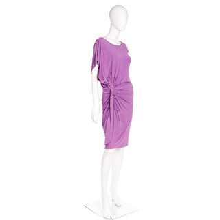 2000s Asymmetrical Y2K Purple Silk Jersey Gathered Knotted Dress M
