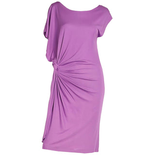 2000s Asymmetrical Y2K Purple Silk Jersey Gathered Knotted Dress Size M