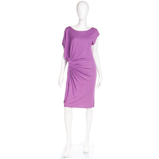 Unique 2000s Asymmetrical Y2K Purple Silk Jersey Gathered Knotted Dress