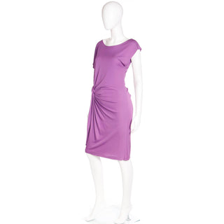 2000s Asymmetrical Y2K Purple Silk Jersey Gathered Knotted Draped Dress