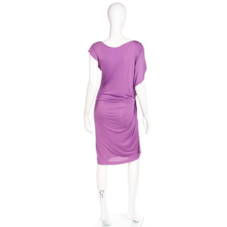 Draped 2000s Asymmetrical Y2K Purple Silk Jersey Gathered Knotted Dress