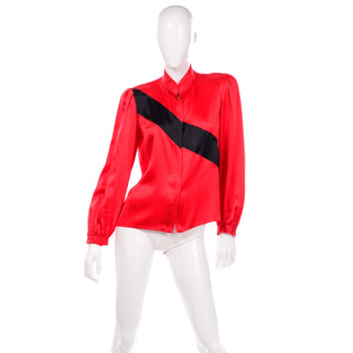 Vintage Valentino Red & Black Silk Blouse Long Sleeves