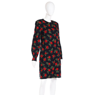 1990s Vintage Lihli Black Dress with Red Roses and Green Leaves