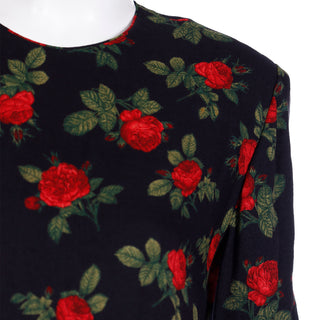 1990s Vintage Lihli Black Dress with Red Roses and Green Leaves on Black 