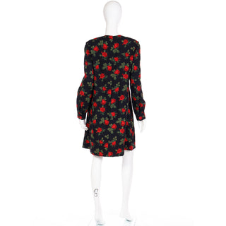 1990s Vintage Lihli Black  Red Rose Print  Dress 
