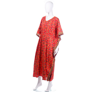 Vintage Red Batik Style Print Singapore Caftan Yellow Trim