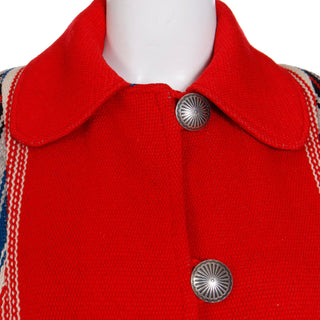 Vintage Red Chimayo Blanket Coat w Concho Style Silver Metal Buttons and slant pockets M/L