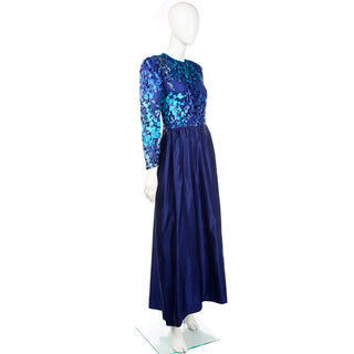 Vintage Richilene Blue Burnout Velvet & Satin Evening Dress long
