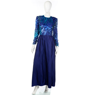 Vintage Richilene Blue Burnout Velvet & Satin Evening Dress 1980s