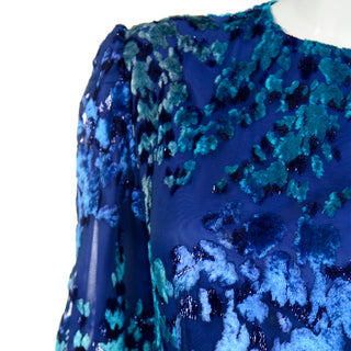 Vintage Richilene Blue Burnout Velvet & Satin Evening Dress metallic