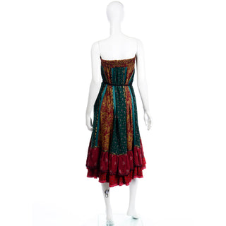 1980s Vintage Russian Multi Pattern Strapless Dress or Ruffled Maxi Skirt