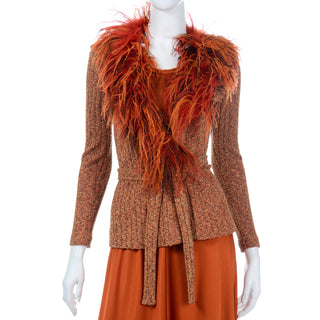 1970s Vintage Burnt Orange Jersey Maxi Dress w Ostrich Feather Sweater Top Unique