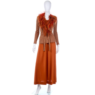 1970s Vintage Burnt Orange Jersey Maxi Dress w Ostrich Feather Sweater Top 70s