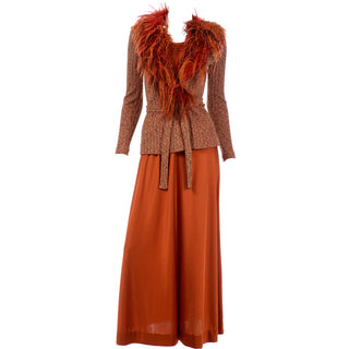 2 pc 1970s Vintage Burnt Orange Jersey Maxi Dress w Ostrich Feather Sweater Top