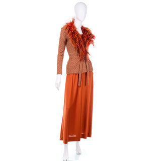 1970s Vintage Burnt Orange Jersey Maxi Dress w Ostrich Feather cardigan Sweater Top