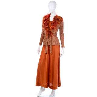 2 Piece 1970s Vintage Burnt Orange Jersey Maxi Dress w Ostrich Feather Sweater Top