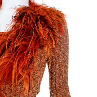 1970s Vintage Burnt Orange Jersey Maxi Dress w Ostrich Feathers Sweater Top 