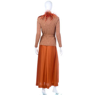 Dramatic 1970s Vintage Burnt Orange Jersey Maxi Dress w Ostrich Feather Sweater Top