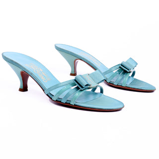 1990s Salvatore Ferragamo Turquoise Blue Bow Sandals 7n