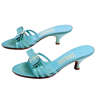 1990s Salvatore Ferragamo Turquoise Blue Bow Sandals 7n Italy