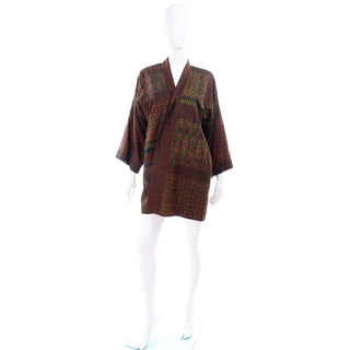 1960s Vintage Olive Green Rust Print Kimono Jacket Ikat style print