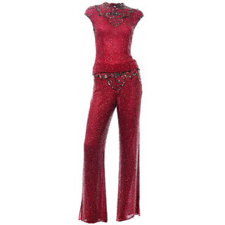 Vintage Burgundy Red Silk Heavily Beaded Evening Outfit